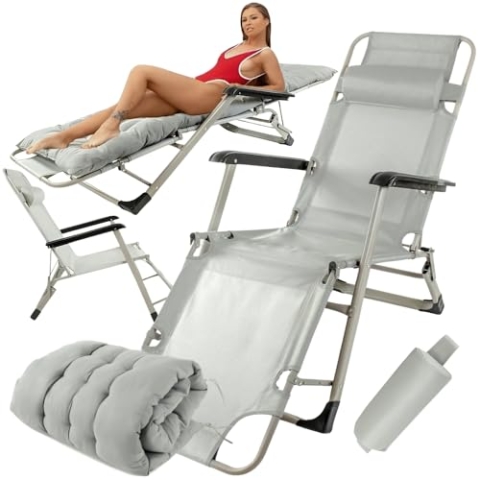 ZOLTA Gartenliegestuhl klappbar 2in1 Liegestuhl und Liege mit Kopfstütze gepolstert grau Zero Gravity Technologie wetterfest bis 120 kg belastbar Leichter Sessel für Garten Terrasse Camping