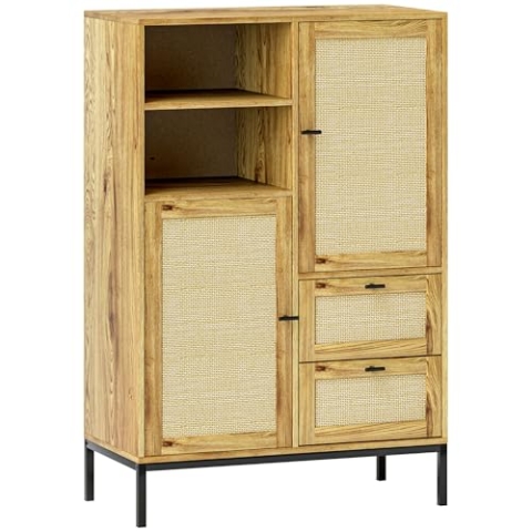 HOMCOM Kommode, Aufbewahrungsschrank mit Rattan-Türen, Mehrzweckschrank mit Schubladen und verstellbaren Regalen, Metallrahmen, für Wohnzimmer, Schlafzimmer, Esszimmer, 80 x 40 x 120 cm, Naturholz
