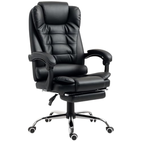 HOMCOM Bürostuhl Chefsessel mit Fußstütze, Schreibtischstuhl mit Wippfunktion, Höhenverstellbarer Computerstuhl mit Armlehne, Drehstuhl für Büro, Kunstleder, Schwarz