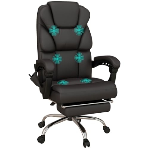 Vinsetto Bürostuhl mit 8 Massagesmodi, Ergonomisch Schreibtischstuhl mit Liegefunktion, Fußstütze, Höhenverstellbar Chefsessel mit Seitentasche, Drehstuhl, Kunstleder, Braun