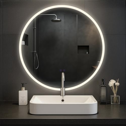 CLP Badspiegel Laconia mit Beleuchtung, Bluetooth-Lautsprecher, Anti-Beschlag Badezimmerspiegel, runder Wandspiegel LED dimmbar, 3 Licht-Modi, Größe:Ø 80