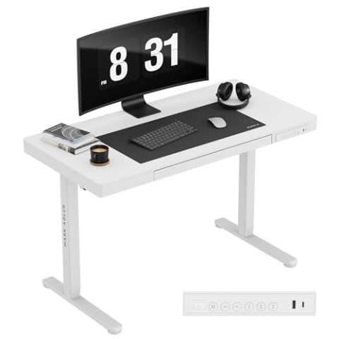 MARK ADLER Leader 8.2 White | Höhenverstellbarer Schreibtisch Stehpult mit Schublade | 120x60cm | 3 Memory-Steuerung | USB- und C-Buchse | 2 Halterungen | Touchscreen | Homeoffice Büro | Weiß