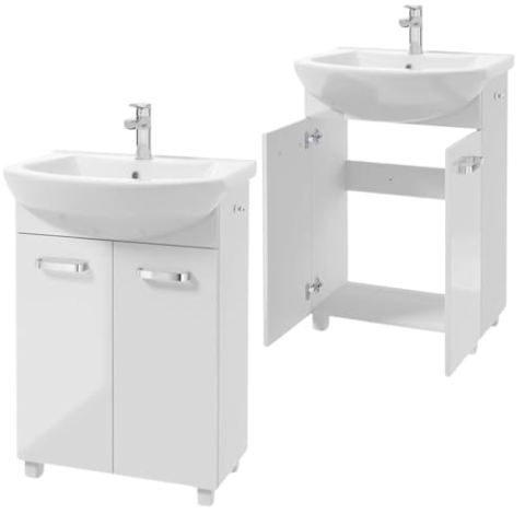 .Deftrans Badezimmerschrank mit Waschbecken, 85 x 60 x 40 cm weißer Waschbeckenschrank, Keramik Waschbecken Set, Standschrank für kleines Bad