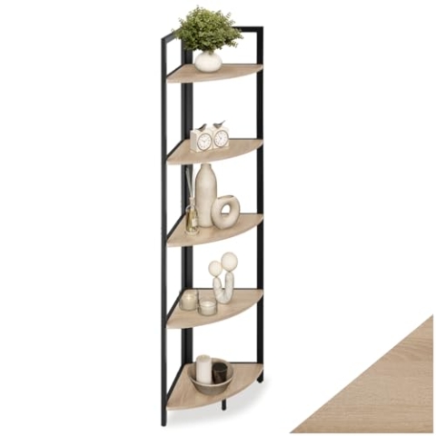 tectake® Eckregal stehend, Nischenregal mit 5 Ebenen, Wandregal Holz, Industrial Bücherregal, Eckschrank, Leiterregal, Zimmer Deko, 30 x 30 x 150 cm - Industrial Holz hell, Eiche Sonoma