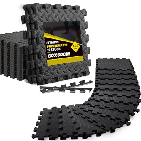 Zoluko Ineinandergreifende Sport und Trainings Puzzlematte | 4,3m² Schaumstoff Bodenplatten (60x60x1.2cm, 12 Stück) | Eva Fitnessmatte für Zuhause | Yoga & Fitness | rutschfest Stoßdämpfend | Schwarz