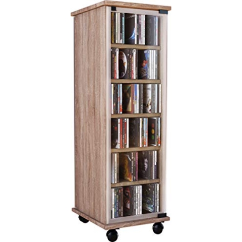 VCM CD Regal Holz | CD Schrank mit ESG-Sicherheitsglastüren für 204 CDs oder 72 DVDs | Maße: H. 98 x B. 31 x T. 35 cm | Elegantes DVD Regal mit Rollen | Blu ray Regal | CD Regal - Valenza