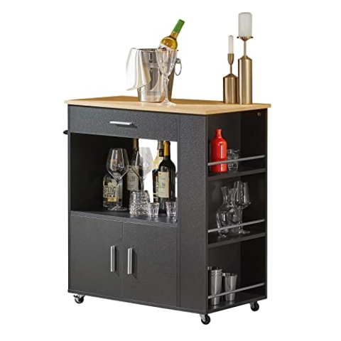 SoBuy Servierwagen mit Rollen Küchenwagen mit Arbeitsplatte Rollwagen Küche Kücheninsel mit Arbeitsplatte schmaler Mikrowellenschrank Küchenschrank Beistelltisch Holz Schwarz 82×88×46 cm FKW113-SCH