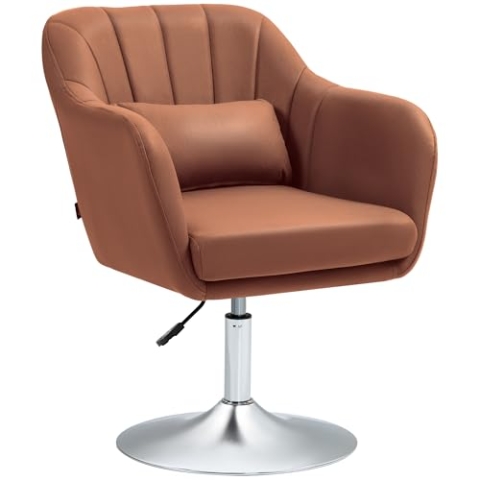 HOMCOM Lounge-Sessel, Relaxstuhl, Schlafzimmersessel, hoher Komfort, Lendenkissen, höhenverstellbar, 360° drehbar, Gestell aus verchromtem Metall, Braun