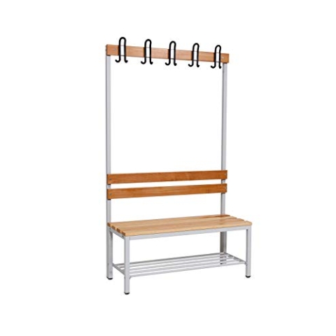 furni24 Umkleidesitzbank mit Stahlrahmen, Garderobenbank Sportraum Bank für Fitnessstudio Buche Echtholz, lackierter, Hakenleiste und TÜV/GS getestet - 100 cm Einseitige mit Schuhrost - Grau