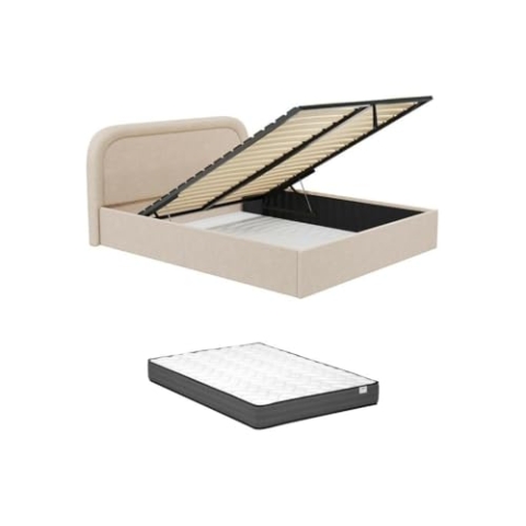 Vente-unique-Bett mit Bettkasten + Matratze - 200 x 200 cm - Bouclé-Stoff - Beige - FIREZA