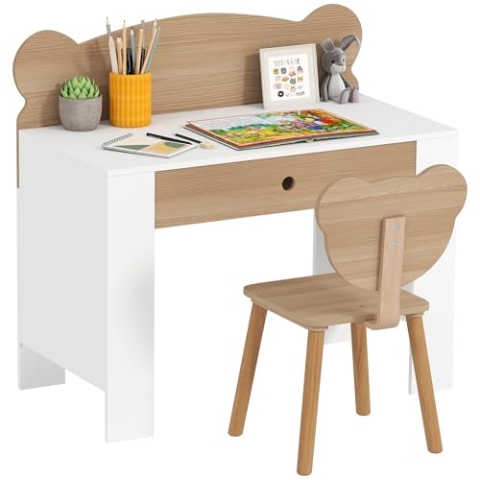 AIYAPLAY Kinderschreibtisch Set mit Tischplatte & Schublade Kinder Schreibtisch und Stuhl mit Bärenform Schülerschreibtisch Kindertisch Jugendschreibtisch für Jungs & Mädchen Naturholz