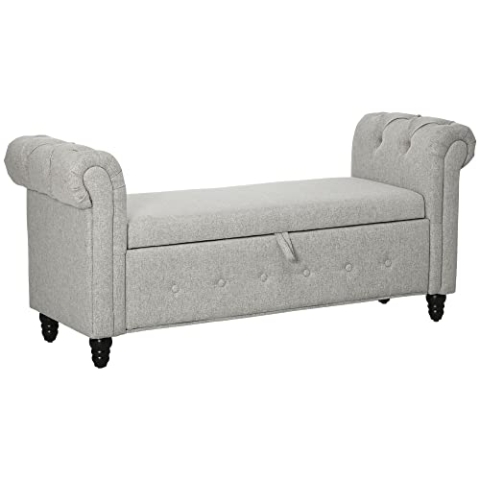 HOMCOM Sitzbank mit Aufbewahrungsbox, 2-in-1, aus Stoff, Leinenoptik, mit Holzfüßen – 146,5 x 49 x 72 cm – Grau