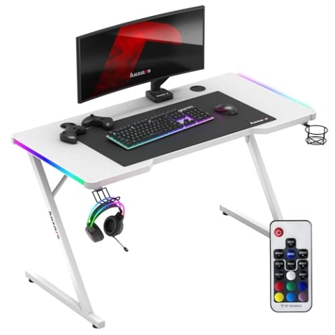 huzaro Hero 2.5 | RGB-Beleuchtung LED PC Tisch Gaming Schreibtisch Computertisch | Getränkehalter Kopfhörerhalter | USB-Ladeanschluss | Homeoffice Gamer | Carbon Tischplatte | 120x60cm | Weiß