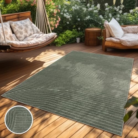 Paco Home Teppich In- & Outdoor, Moderne abstrakte Boho Designs mit 3D Struktur, robust & wetterfest, ideal für Terrasse Wohnzimmer & Küche, Grösse:120 cm Rund, Farbe:Grün