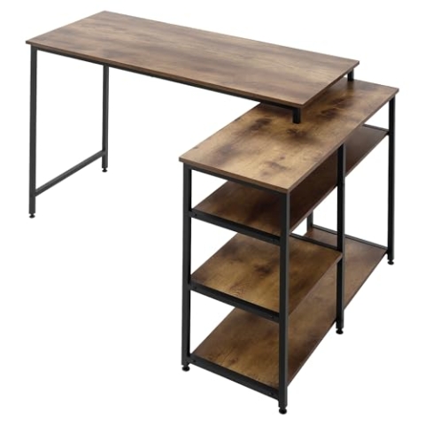 HOMCOM Eckschreibtisch Winkelschreibtisch PC-Tisch Computertisch Bürotisch Regal Schublade L-Form Spanplatte Metall Rustikales Braun 135 x 90 x 79 cm