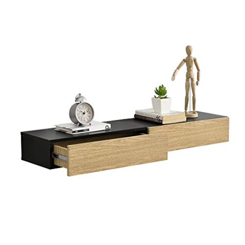 [en.casa] 2er Set Wandregal mit Schublade Schwarz/Holz Hängeregal Wand Regal Schrank Tisch Nachtschrank Kommode Wandboard Wandschublade