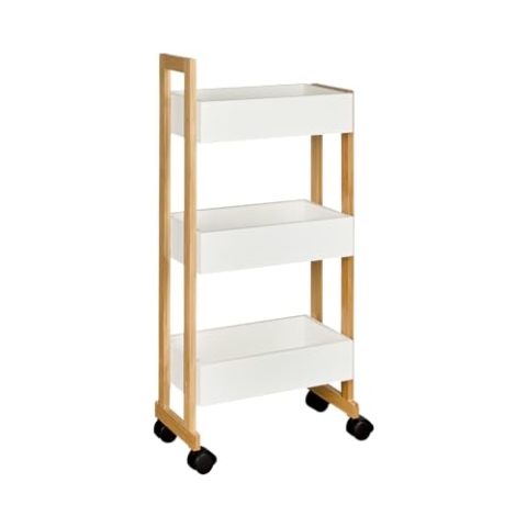 shelfmade Nischenregal Bambus - Küchenwagen schmal - Badregal Rollwagen - Küchenregal weiß, Nischenwagen mit 3 Körben - Holzregal, Badregal stehend