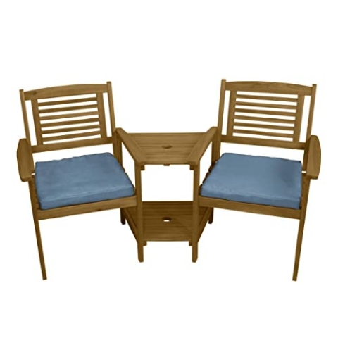 Doppel Gartenbank mit Tisch Loveseat Wetterfest 2-Sitzer Akazie Adirondack Liebessitz Sitzbank Sonnenschirmloch Ecksitz Eckbank Terrasse Balkon Gartenmöbel 320kg Kapazität Akazienholz 2 GRATIS Kissen