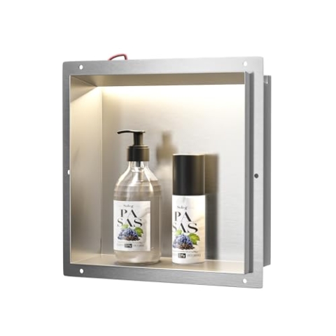 Bernkot Wandnische Dusche Edelstahl, wasserdichte Nische mit LED-Licht, Eingebettete Duschnische 30x30x10cm, Einzelbett Duschnische, Eingebettete Lagerung im Duschraum, Gebürstet