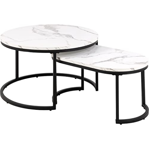 AC Design Furniture Spencer Couchtisch 2er Set für Wohnzimmer, Wohnzimmertische in Weißer Marmoroptik mit Schwarzem Metallrahmen, Kaffetisch, Wohnzimmer Set, Satztisch Rund