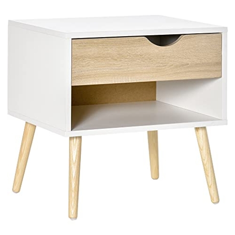 HOMCOM Beistelltisch Nachttisch Flurkommode mit 1 Schubladen MDF Spanplatte Weiß+Eiche 50 x 39 x 51 cm