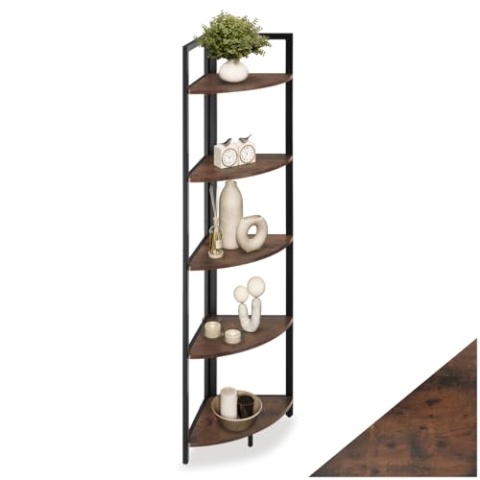 tectake® Eckregal stehend, Nischenregal mit 5 Ebenen, Wandregal Holz, Industrial Bücherregal, Eckschrank, Leiterregal, Zimmer Deko, 30 x 30 x 150 cm - Industrial Dunkelbraun