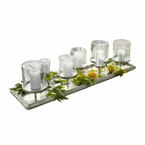 Loberon Kerzentablett Devonne, strukturiertes Tablett mit Mehreren Windlichtern, individuell zu dekorieren, Wohn-Accessoire, Dekoration, Aluminiumguss, Glas, Silber