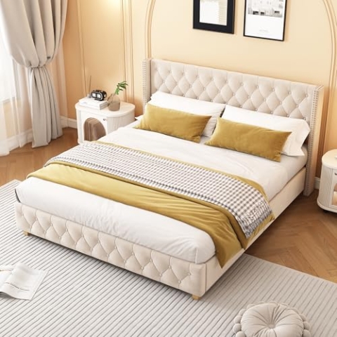 OKYION Polsterbett 160×200cm mit Lattenrost und Kopfteil, Doppelbett Jugendbett mit Holzbeine, Samt, Hellbeige(Ohne Matratze)
