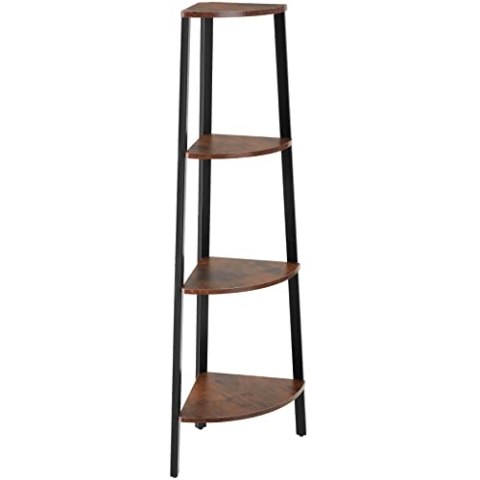 tectake® Eckregal mit 4 Ebenen aus Holz, Bücherregal im Industrie-Design, 34 x 34 x 125 cm, Leiterregal für Wohnzimmer Küche Büro Flur, schwarzes Metallgestell (Industrial Dunkelbraun)