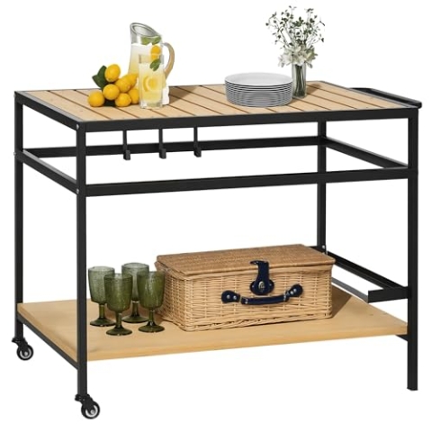 Outsunny Servierwagen, Gartenrollwagen mit Haken, Barbecue Trolley mit 2 Regalen, Outdoor Multifunktionstisch mit Rollen, für Garten, Balkon, 107 x 65 x 80cm, Natur