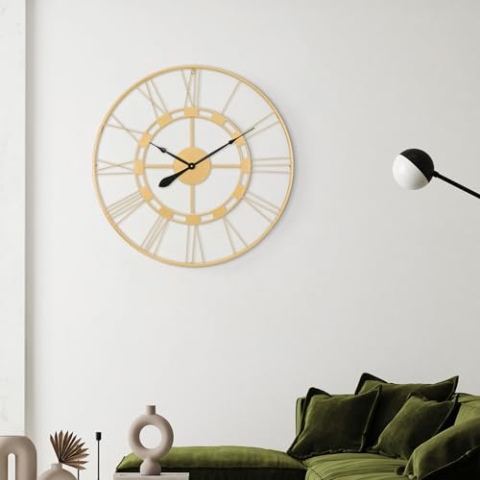WOMO-DESIGN | Große Wanduhr Stockholm Ø85 cm rund, Unikat, handgefertigt aus Eisen, im Vintage-Stil, Altgold mit Großen römische Ziffern, Lautlos, ohne Tickgeräusche, Dekouhr Dekorative Uhr Design Uhr