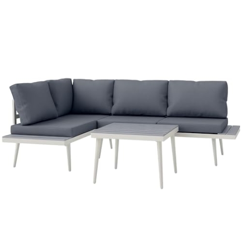 Outsunny Gartenmöbel Set 4 Personen wetterfest Balkonmöbel-Set mit 2er Sofa, Kissen Beistelltisch Stahl Outdoor Sitzgruppe Terrassenmöbel Gartengarnitur Gartenlounge für Garten Terrasse Grau