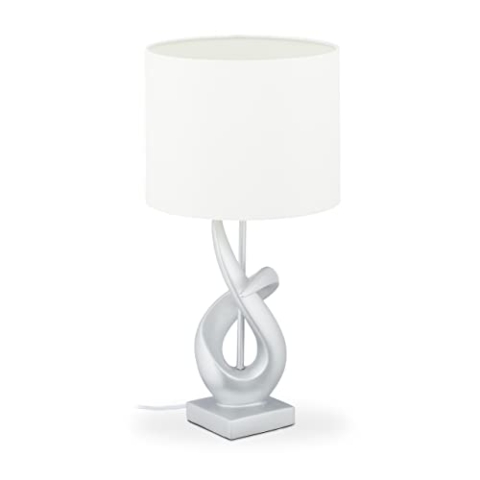 Relaxdays Tischlampe modern, elegantes Design, Tischleuchte Stoffschirm, E27, Designerlampe HxD: 50x25 cm, silber/weiß