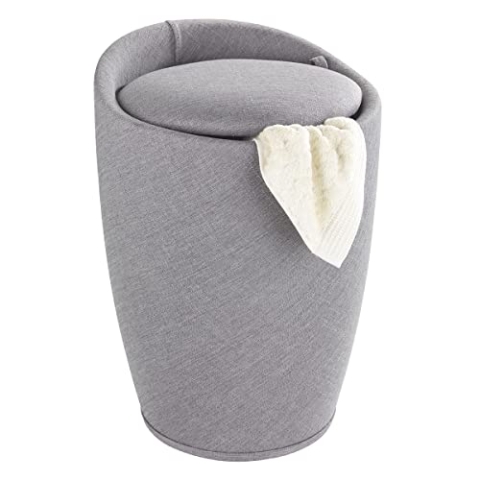 WENKO Badhocker Candy Leinen Optik Hellgrau, Hocker mit Stauraum für das Badezimmer und Wohnzimmer, integrierter Wäschesammler, ABS-Kunststoff, BPA-frei, Fassungsvermögen 20 L, Ø 36 x 50,5 cm