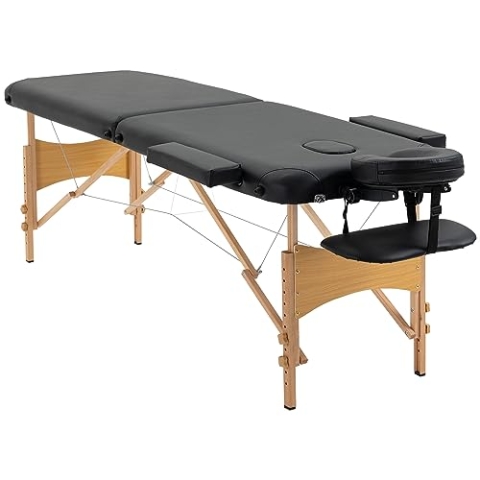 HOMCOM Massagetisch, klappbare Massageliege, höhenverstellbarer Massagebank, Massagebett mit Kopfstütze, für Spa, Salon, Kunstleder, Holz, Schwarz