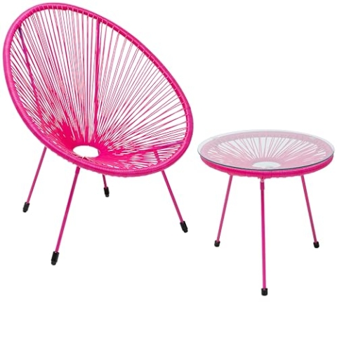 Kare Design Gartenmöbel Set Acapulco Mono, 2er Set, Pink, Indoor und Outdoor Sitzgruppe im Retro-Design, Sessel mit Beistelltisch, Lounge-Möbel für Balkon, Terrasse, Pinkes Stahlgestell, Glas