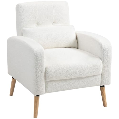 HOMCOM Loungesessel Sessel mit Lendenkissen, Gepolstert Polstersessel mit Holzbeine, Fleece-Stoff, Relaxsessel Einzelsessel für Wohnzimmer, Schlafzimmer, Weiß