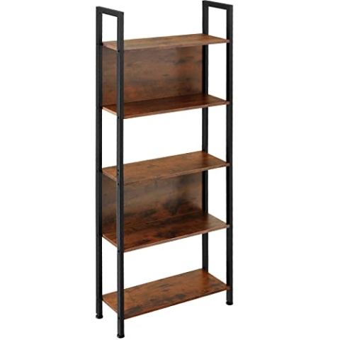 tectake® Industrial Wandregal Metall und Holz, mit 5 Ebenen, 62x24x165,5cm, Bücherregal Wand, als Raumteiler Regal, Küchenregal Wand, Nischenregal, Bookshelf - Industrial Dunkelbraun