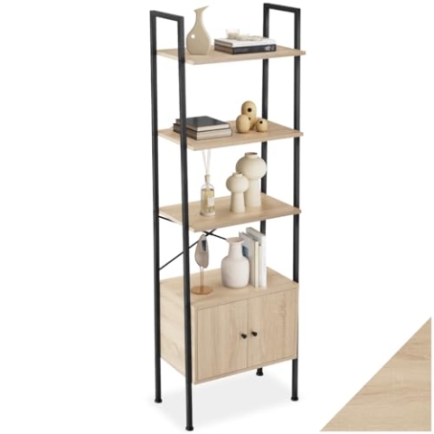 tectake® Industrial Leiterregal mit 4 Ebenen + Schrankfach, Regal schmal 57,5x34x173cm, Bücherregal Wand, als Raumteiler Regal, Küchenregal Wand, Nischenregal - Industrial Holz hell, Eiche Sonoma