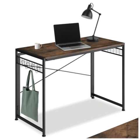 tectake® Industrial Schreibtisch klappbar, Foldable Table, PC Tisch Klapptisch, Arbeitstisch mit 8 Haken, 102 x 51 x 77 cm, Laptop Tisch, Study Table Office Space - Industrial Dunkelbraun