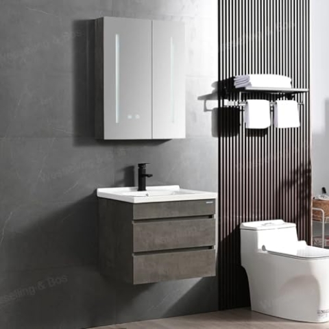 WEBO Paris Badezimmermöbel Set, Grau, mit Spiegelschrank mit Beleuchtung, Schwarze Armatur und Ablauf