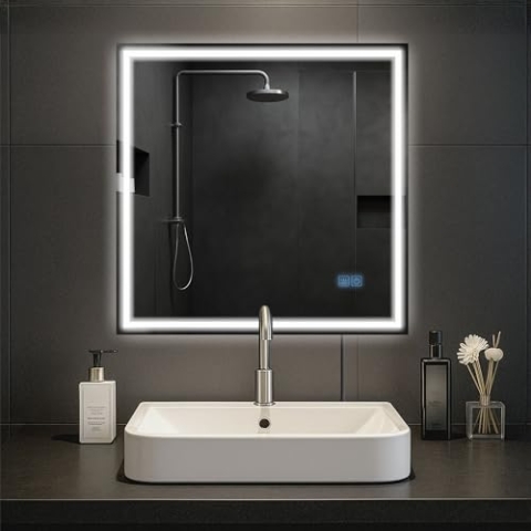 CLP Badspiegel Jaffrey mit Beleuchtung, Bluetooth-Lautsprecher, Anti-Beschlag, Wandspiegel Quer- und Hochformat, LED dimmbar, 3 Licht-Modi, Größe:80x80 cm