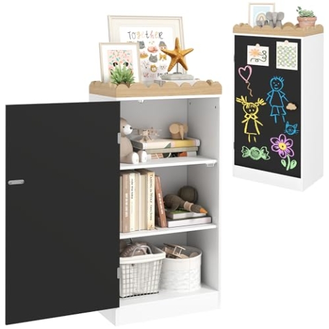 AIYAPLAY Kindermöbel, Kinderspielzeugaufbewahrung, Kinderschrank mit Schwarztafel-Tür, 3 Fächern und Oberboden für Schlafzimmer, Spielzimmer, Kinderkrippe, weiß