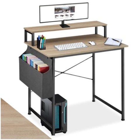 tectake® Computertisch mit Ablage Schreibtisch Zubehör, Bürotisch mit Monitorständer, Gaming Tisch, Laptoptisch für Home Office, 85,5 x 46,5 x 140 cm - Industrial Holz hell, Eiche Sonoma, 80 cm