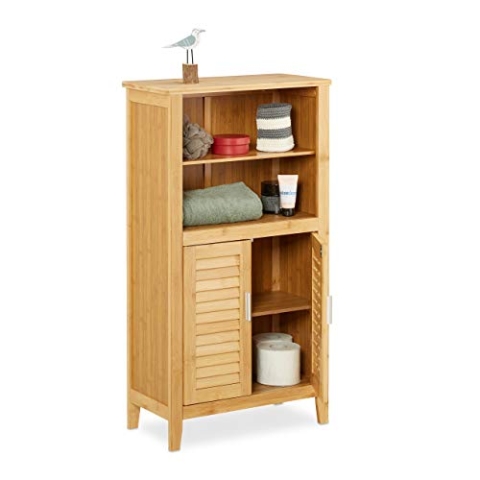Relaxdays Badezimmerschrank Bambus, HBT: ca. 92 x 50 x 25 cm, Badschrank mit Türen in Lamellen-Optik, natur, 1 Stück
