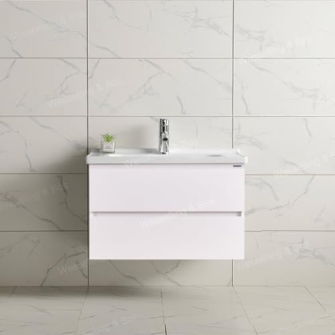WEBO Badmöbel Set London 80 cm - Weiß - Badmöbel mit weißem Waschbecken, inklusive Armatur und Ablauf