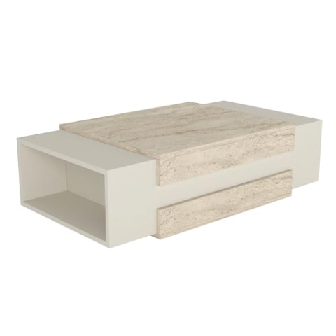 moebel17 Couchtisch Wohnzimmertisch rechteckig Tisch modern, Holz, Beige mit Granit Optik, Möbelstück für Wohnzimmer, flach, 2 Ablagefächer, Designertisch, 110 x 57 x 31 cm, 2536