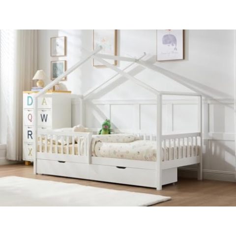 Vente-unique-Bett in Hausoptik mit Schubladen - 90 x 190 cm - Kiefer & MDF - Weiß - KIRALIO
