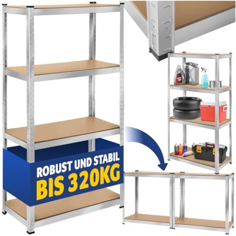 tectake® Werkstattregal, Schwerlastregal mit 4 Böden, Metall Lagerregal, Kellerregal, Zubehör für Garage, Organizer für Abstellraum, Steckregal, für Aufbewahrung, Lastenregal (320 kg)