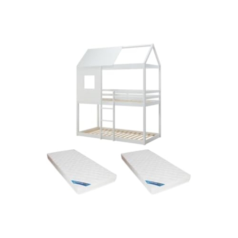 Vente-unique-Etagenbett in Hausoptik + Matratze - 2 x 90 x 190 cm - Kiefer & MDF - Weiß - LIDOVARA